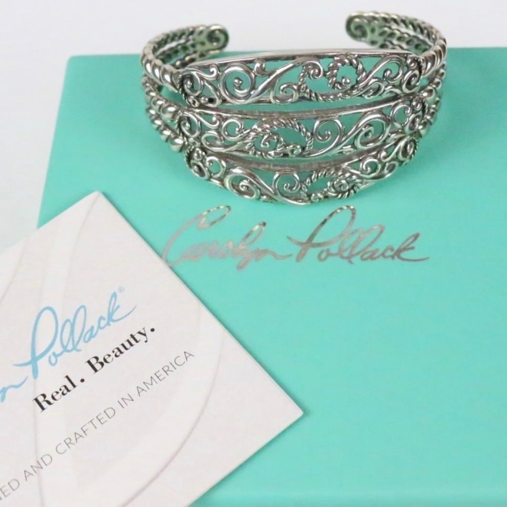 NEW Carolyn Pollack Sterling Silver Thick Solid 3 band Cuff Bracelet in‎ the box